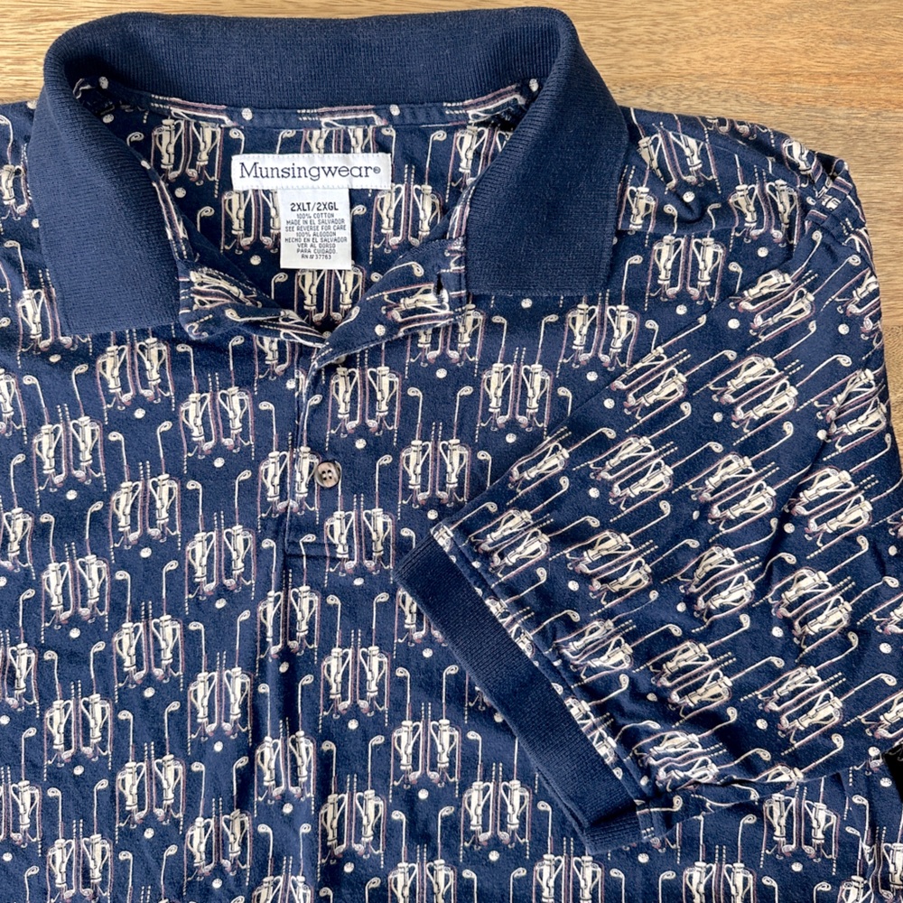 Musingwear Men’s 2XLT Golf Polo Golf Clubs and Bags Print Navy Blue